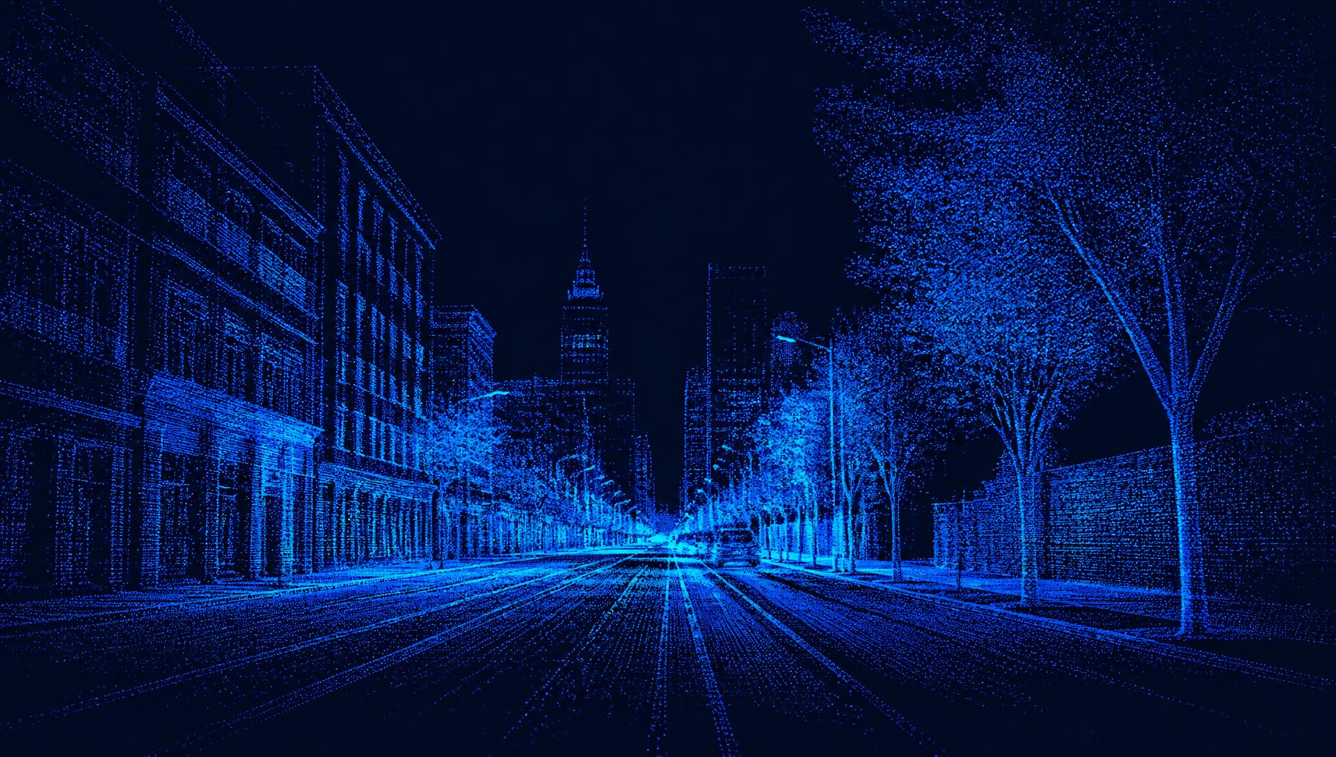 LiDAR point cloud scan of a city street rendered in blue points